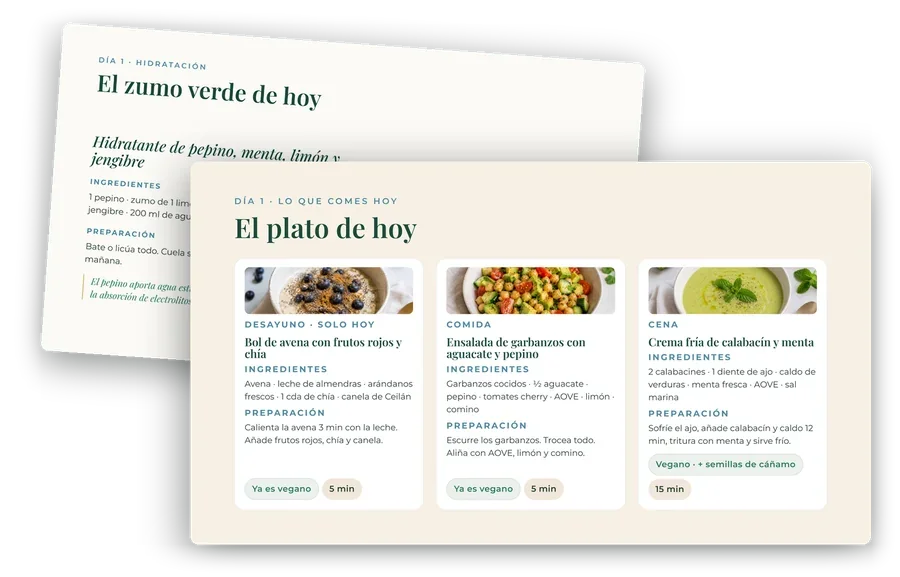 Dos páginas del PDF del día 1: el zumo verde de la mañana y el menú del día con sus tres recetas